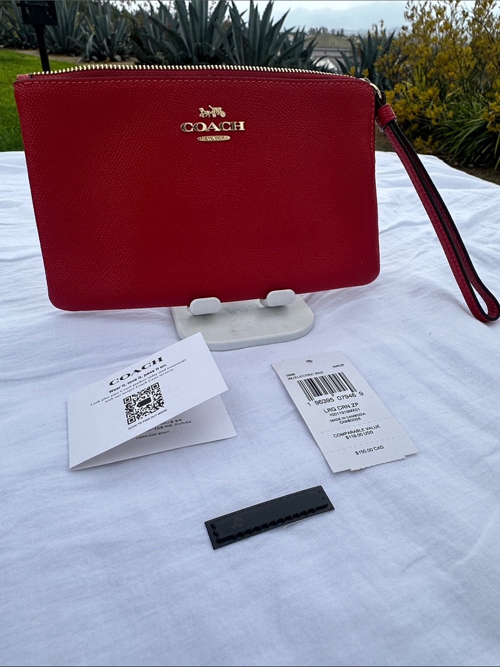 Coach Red Pebbled Leather Large Wristlet Pouch with Gold Logo